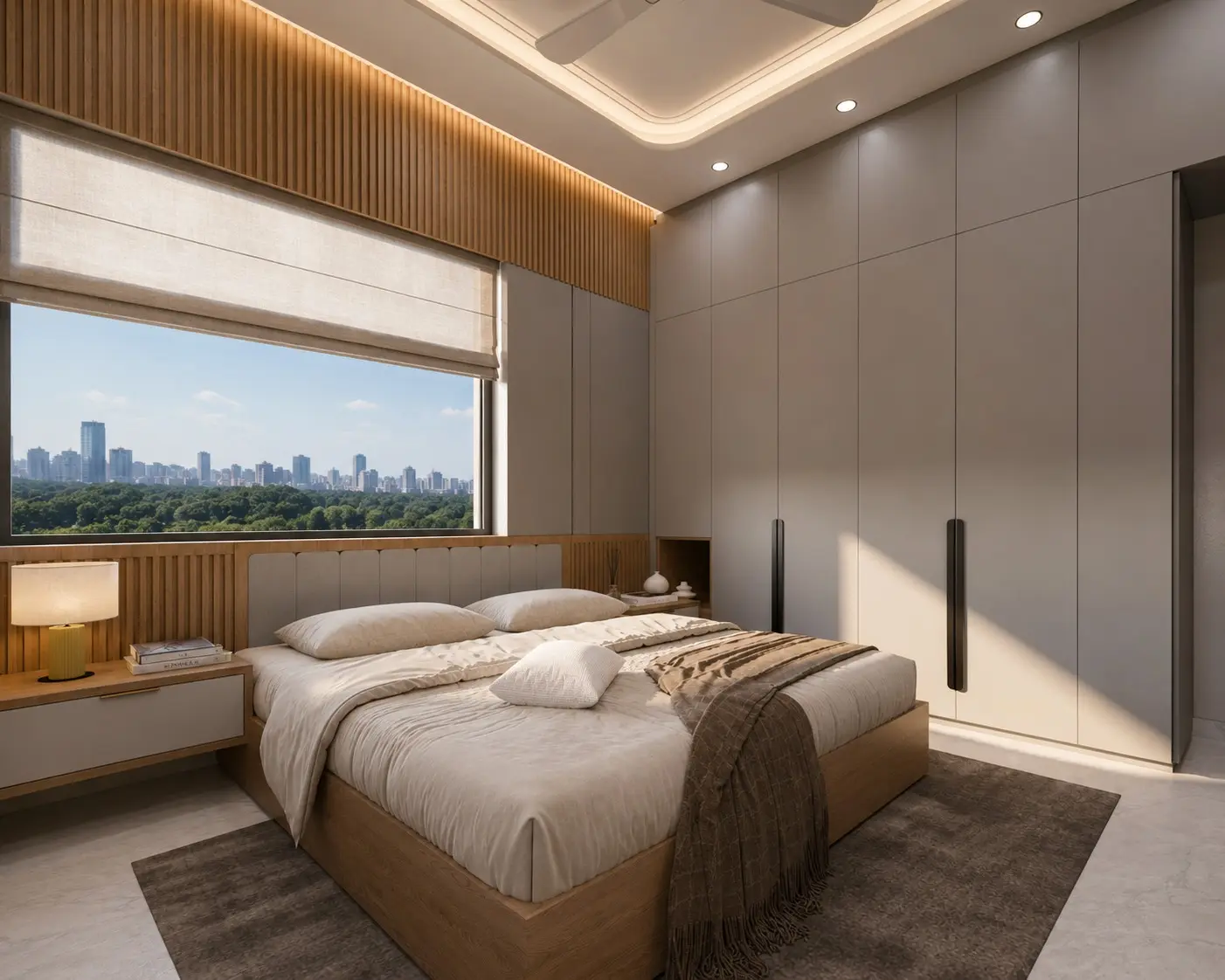 Case Nova interior project — bedroom with skyline view